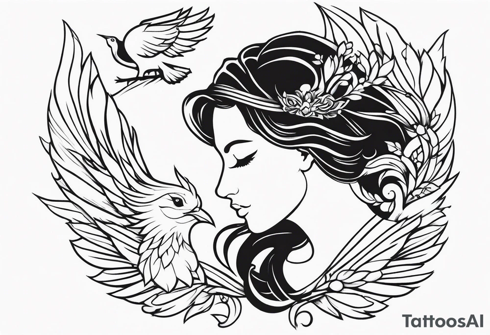 Pretty lady and phenix bird tattoo idea