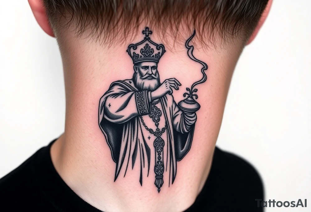 Russian Orthodox Priest in a fully detailed gold vestment swinging a censer with smoke curling upward tattoo idea