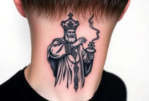 Russian Orthodox Priest in a fully detailed gold vestment swinging a censer with smoke curling upward tattoo idea