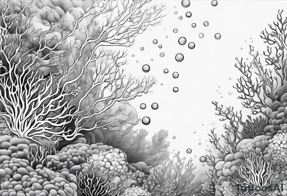 dark underwater coral reef with bubbles, flowing water lines tattoo idea