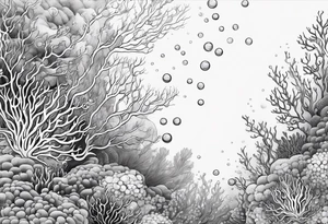 dark underwater coral reef with bubbles, flowing water lines tattoo idea