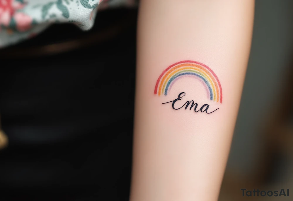 Ema written in a watercolor rainbow arc, delicate and joyful. tattoo idea