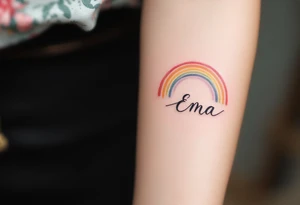 Ema written in a watercolor rainbow arc, delicate and joyful. tattoo idea
