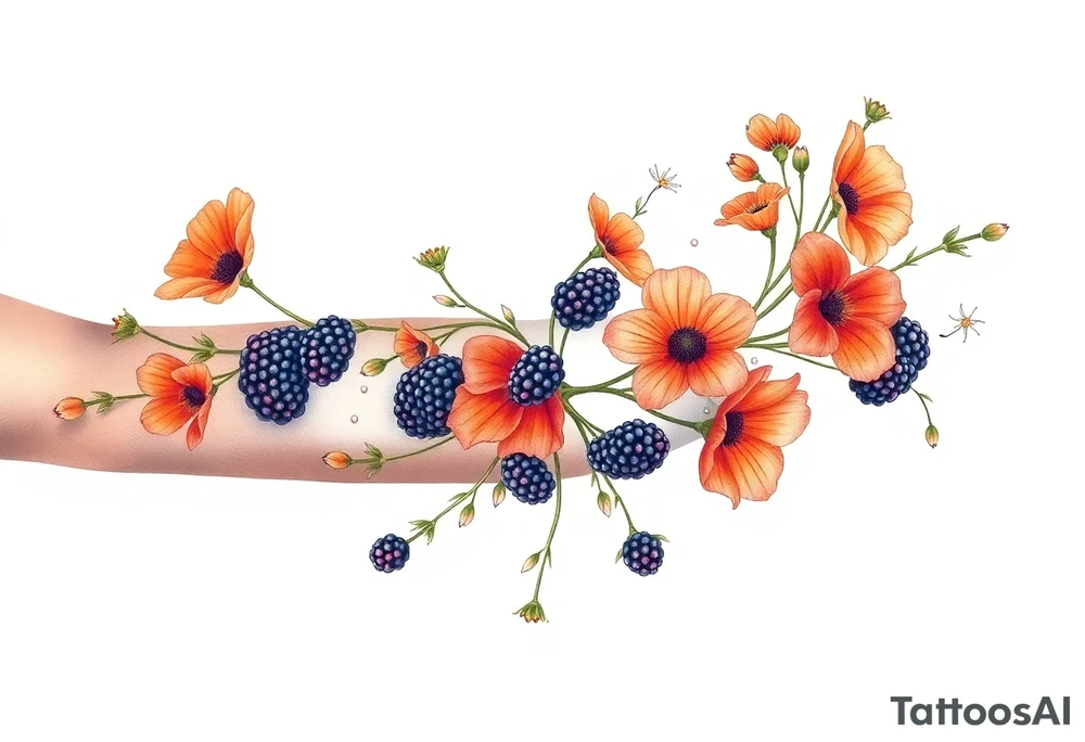 California wildflowers, poppies, and orange and orange blossoms. Blackberries plant/flower. tattoo idea