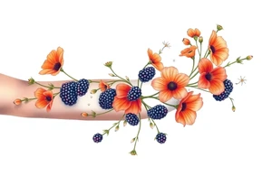California wildflowers, poppies, and orange and orange blossoms. Blackberries plant/flower. tattoo idea