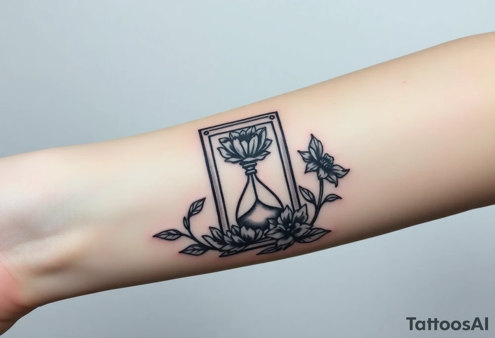 Death tarot card surrounded by a flower and hour glass tattoo idea