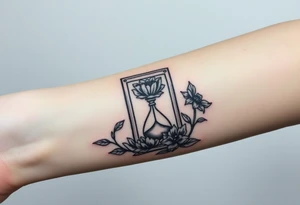 Death tarot card surrounded by a flower and hour glass tattoo idea