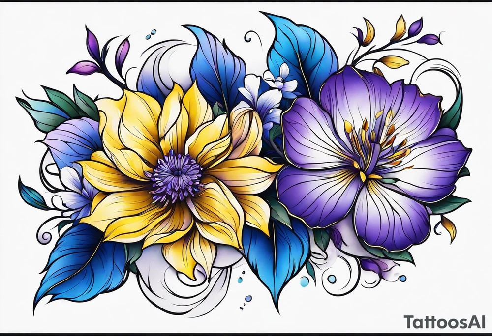 Blue yellow and purple flowers arm sleeve tattoo idea