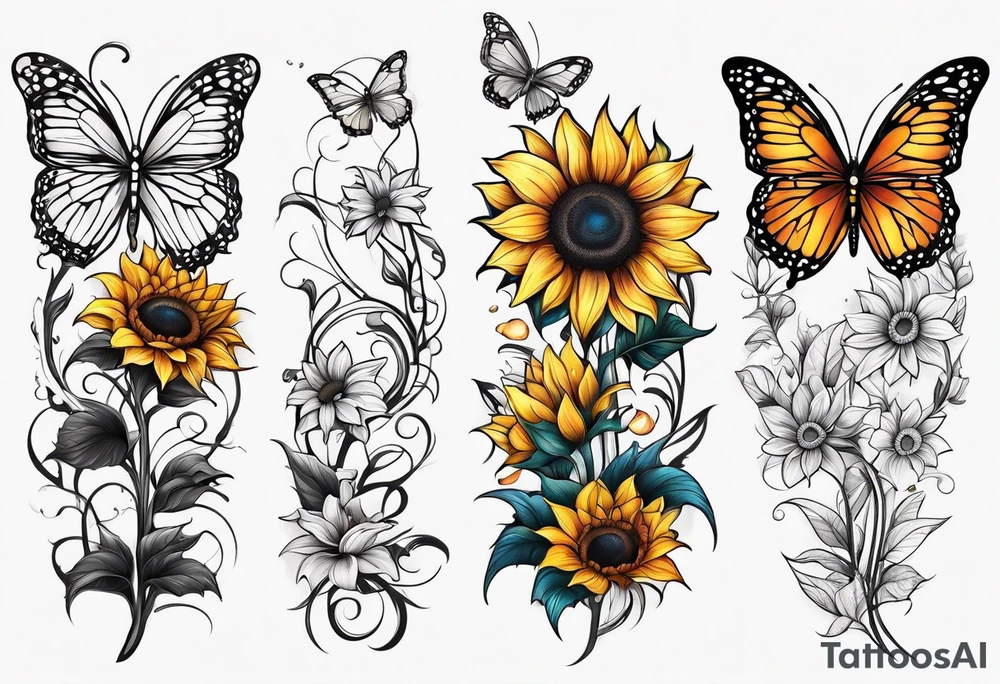 Sunflower and butterfly leg sleeve tattoo idea