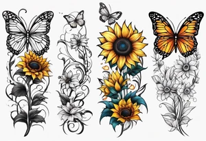 Sunflower and butterfly leg sleeve tattoo idea