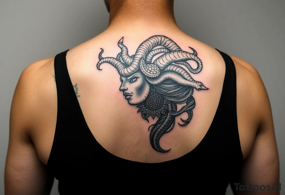 Side portrait of Medusa with mandala tattoo idea
