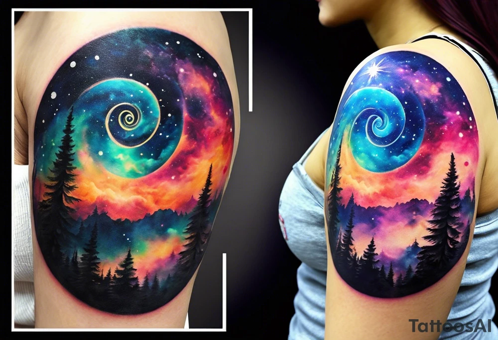 I want a spiral nebula space galaxy tattoo that's colorful and bright and cute and is nice to look at I don't want a traditional circle I want it like the ones thay look like an s shape and this tattoo will be on my left buttcheek and light colors I want more spread and less circle tattoo idea