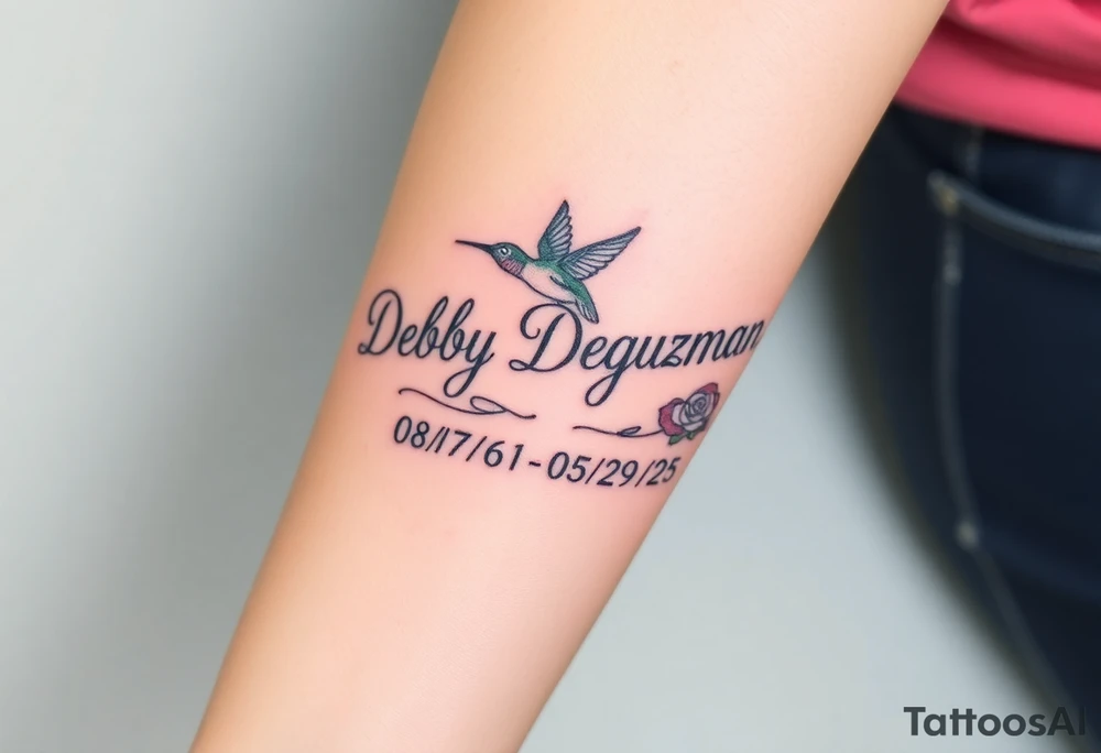 Tattoo of the exact name Debby Deguzman in chunky curly cursive with the exact dates of 08/17/61-05/29/25 surrounded by 1 hummingbird and 1 rose tattoo idea