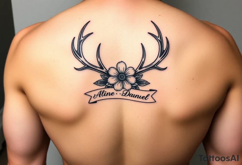 Deer antlers with flower and name Aline ,Samuel,Daniel tattoo idea
