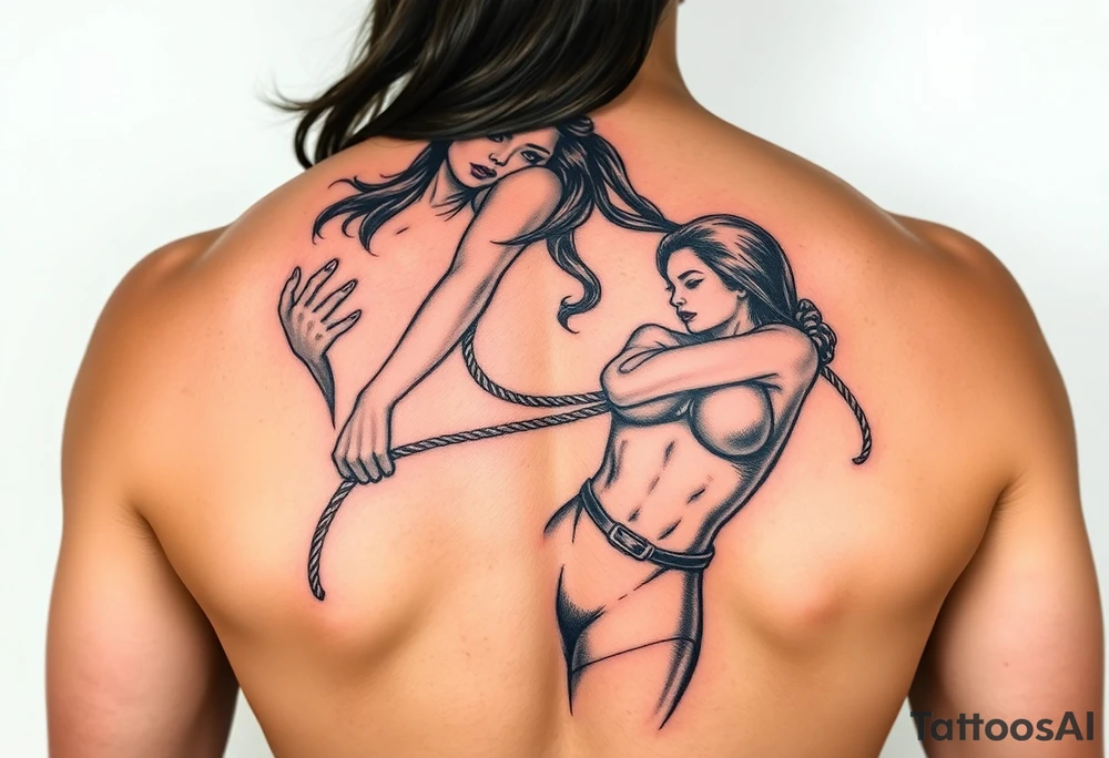 powerful female dominatrix in red latex catsuit with her submissive bound by rope tattoo idea