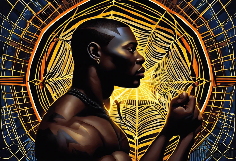 Design a powerful inner bicep tattoo for a dark-skinned black male featuring Anansi the Spider from Ghanaian mythology. Anansi is depicted weaving a web made from bright, crackling lightning bolts. The web extends outward from the center of the design, creating an intricate, flowing pattern. The lightning web should be sharp and dynamic, symbolizing energy and power, while Anansi sits calmly at the center, representing wisdom and control.

The spider should have a stylized, bold appearance, with strong, clean lines that stand out on dark skin. The lightning bolts in the web should feature bright, vivid colors like electric blue or white, contrasting well against the dark skin tone. Surrounding the web, subtle clouds or storm elements should fade into the background to create depth and dimension without overpowering the central design. Ensure that the web and lightning bolts are the primary focus, with fine detail that reflects both strength and intellect.” tattoo idea