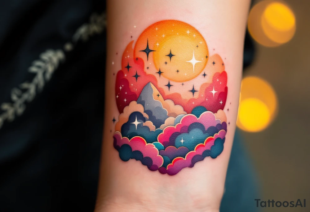 Inked in a burning gradient from red to orange, the quote "Through Hardships To the Stars" rises over storm clouds into twinkling silver stars. tattoo idea
