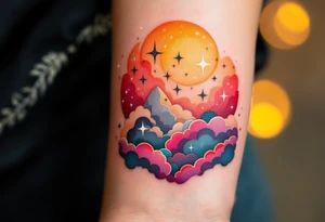 Inked in a burning gradient from red to orange, the quote "Through Hardships To the Stars" rises over storm clouds into twinkling silver stars. tattoo idea