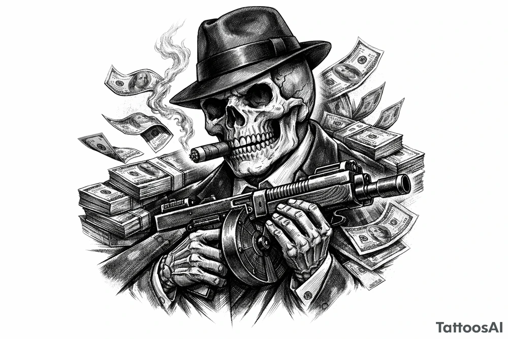 skull with cigar in his mouth,mafia-hat,machine-gun in his hands,surrounded by money. tattoo idea