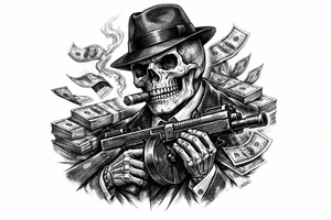 skull with cigar in his mouth,mafia-hat,machine-gun in his hands,surrounded by money. tattoo idea