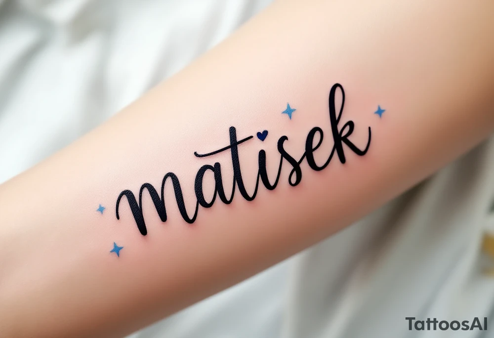 Matýsek in playful handwritten font, with light blue stars scattered around it. tattoo idea