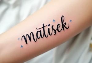 Matýsek in playful handwritten font, with light blue stars scattered around it. tattoo idea