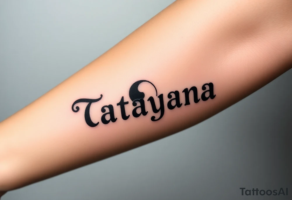 Tatayana name tattoo for a father using old English lettering and sun and moon tattoo idea