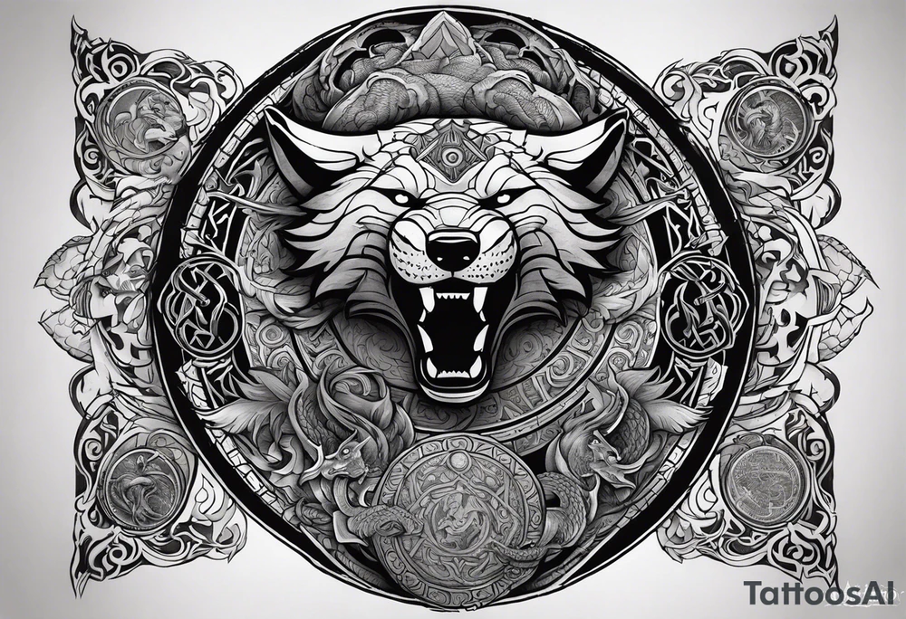 Full sleeve and pectoral tattoo showing the epic battle of ragnarok. It should include a scene between Thor, the god of thunder versus Jörmungandr the serpent as well as Odin all father and Fenrir the wolf. Place a Viking compass in the middle of the pectoral tattoo idea