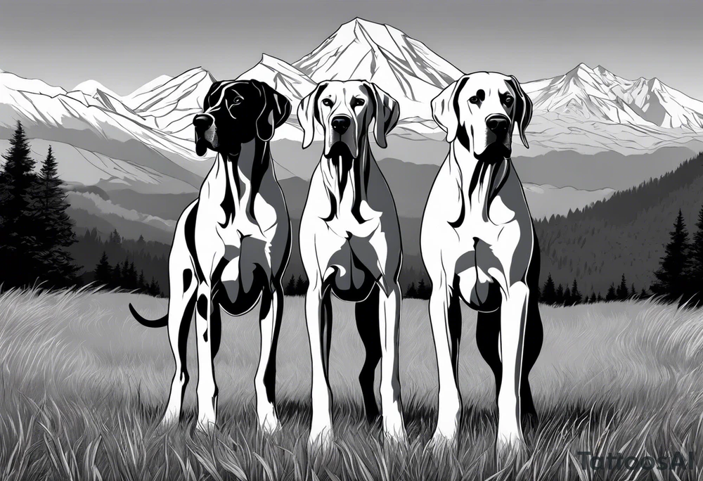 Full arm sleeve. Four Great Danes playing in field together with mountains in background tattoo idea