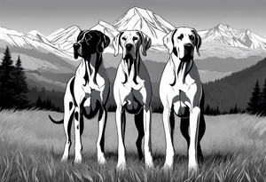 Full arm sleeve. Four Great Danes playing in field together with mountains in background tattoo idea