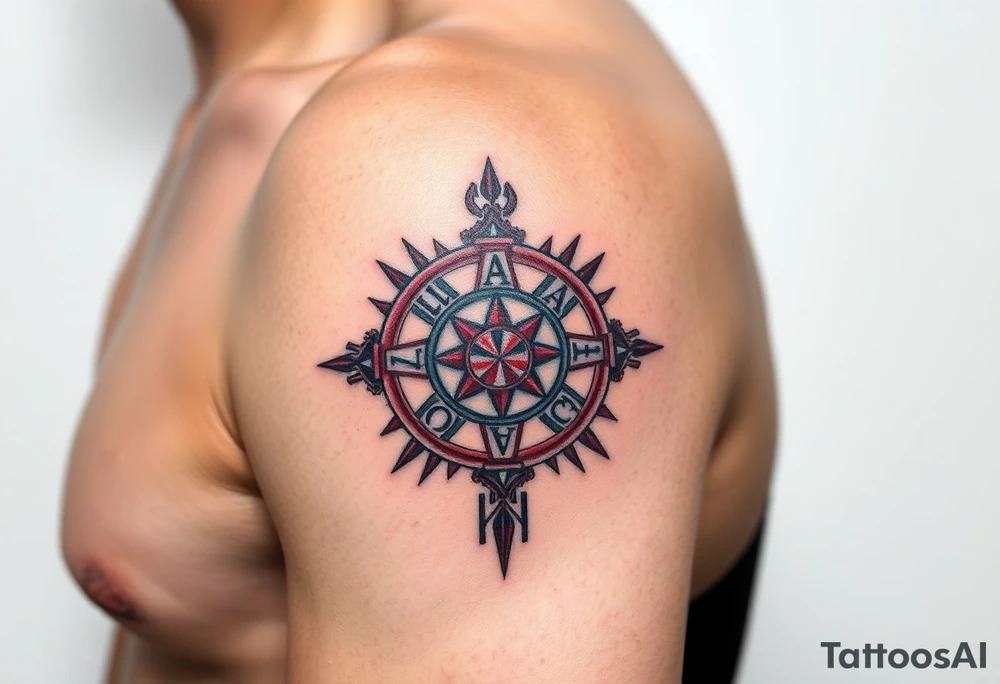 A Sun Dial in the Shape of a Cross with Egyptian Symbols (only red , blue and black are possible colors) tattoo idea