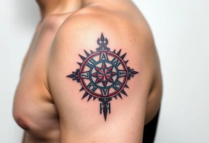 A Sun Dial in the Shape of a Cross with Egyptian Symbols (only red , blue and black are possible colors) tattoo idea