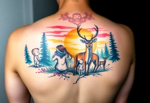 Family 2 parents, 1 baby boy, one young girls with colour around the caracters and empty caracters and sunrise looking at a deer tattoo idea