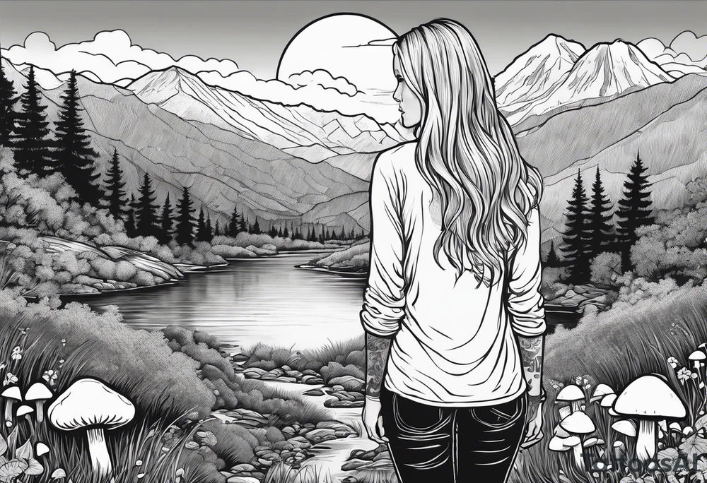 Whole picture encircled fully

Straight long blonde hair hippie girl in distance holding mushrooms in hand facing away toward mountains and creek surrounded by mushrooms long sleeve shirt and hiking pants; whole rendering within a full circle, no cut off circle tattoo idea