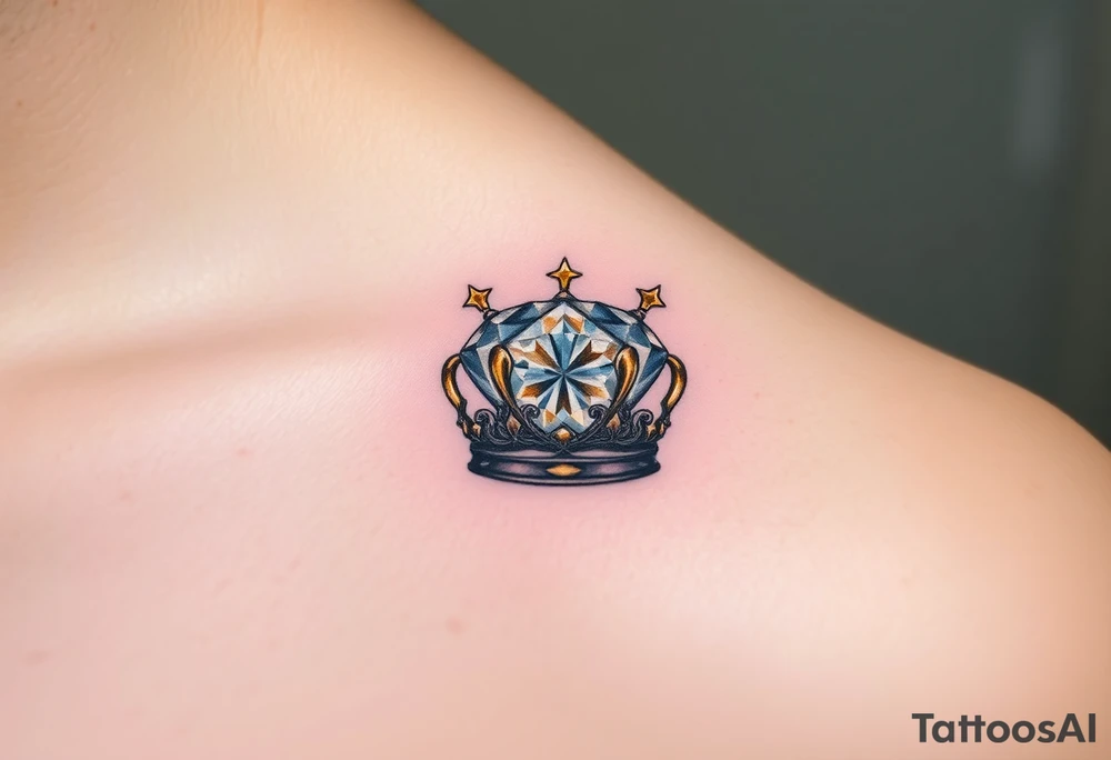 A shimmering diamond encased in a royal crown, adorned with gold and silver accents, radiating light with soft white and yellow highlights to emphasize the diamond's sparkle tattoo idea