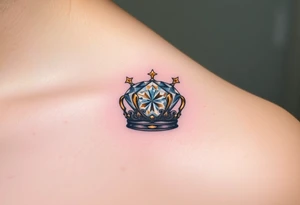 A shimmering diamond encased in a royal crown, adorned with gold and silver accents, radiating light with soft white and yellow highlights to emphasize the diamond's sparkle tattoo idea
