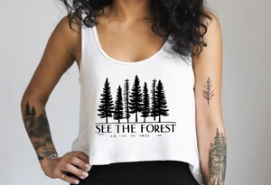 Tattoo with the words "see the forest for the trees" in any style font, around a tree in any way. black and white, tattoo, simple, elegant, pine tree, fine-line, easy to read tattoo idea