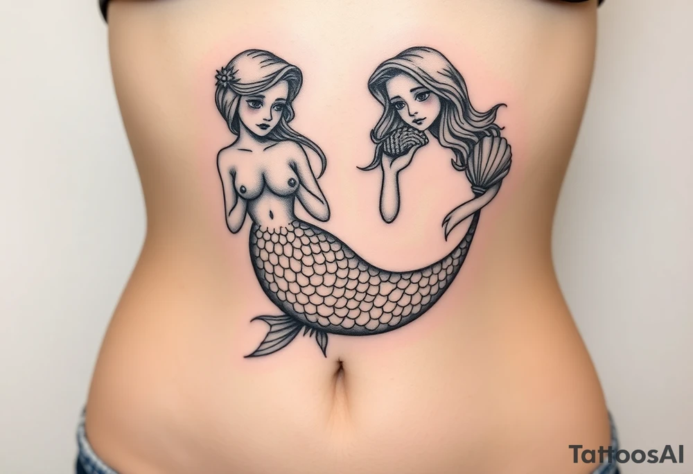 Full body mermaid with face slightly turned holding a shell in hand sad face detailed sculpture like face tattoo idea