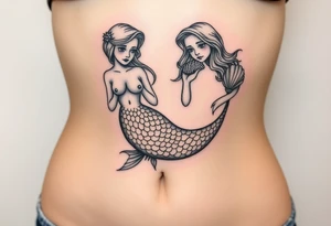 Full body mermaid with face slightly turned holding a shell in hand sad face detailed sculpture like face tattoo idea