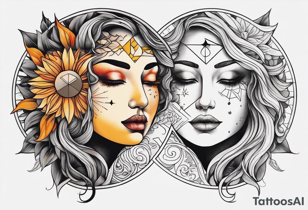 single face 
half of the face is a woman representing the sun, and the second half is a man representing the moon. The sun has a lake, and the moon has a dessert nose are the same tattoo idea