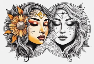 single face 
half of the face is a woman representing the sun, and the second half is a man representing the moon. The sun has a lake, and the moon has a dessert nose are the same tattoo idea