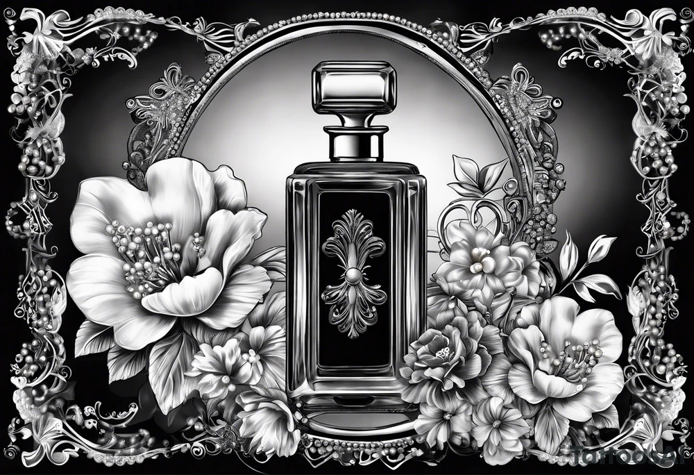 1950s perfume bottle and 1950s lipstick tube wrapped with pearls, hair bows, flowers, and lace. tattoo idea