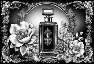 1950s perfume bottle and 1950s lipstick tube wrapped with pearls, hair bows, flowers, and lace. tattoo idea