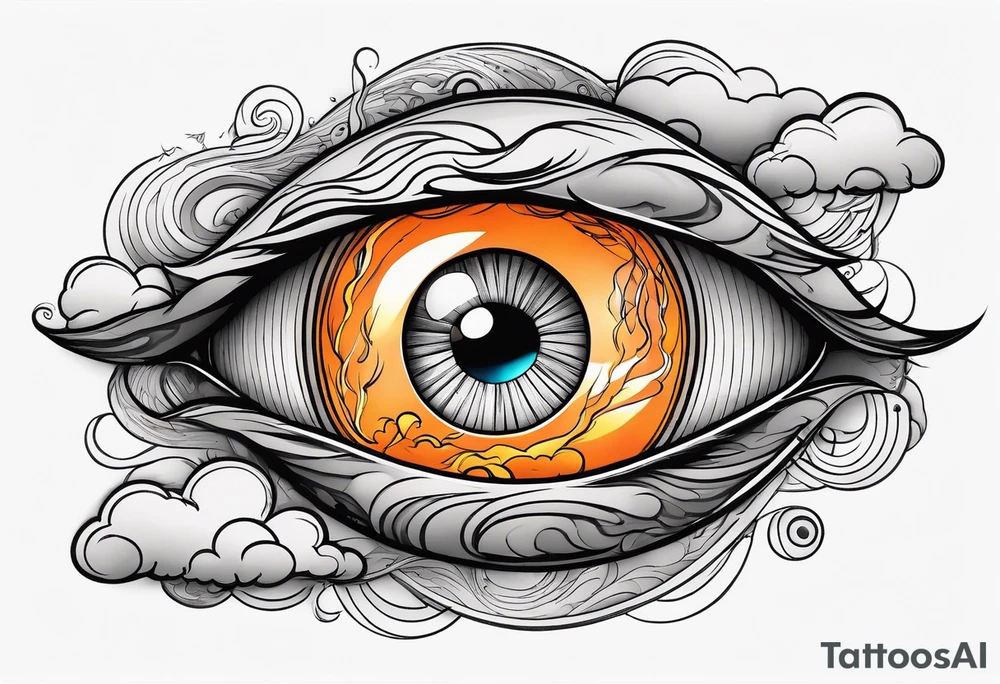 simple eyeball in dark stormy clouds with orange lightning coming from the clouds tattoo idea