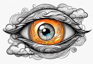 simple eyeball in dark stormy clouds with orange lightning coming from the clouds tattoo idea