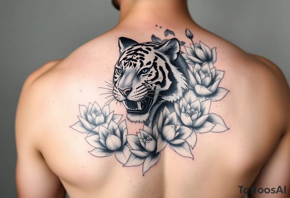 fierce tiger emerging through blooming lotus flowers in mist tattoo idea