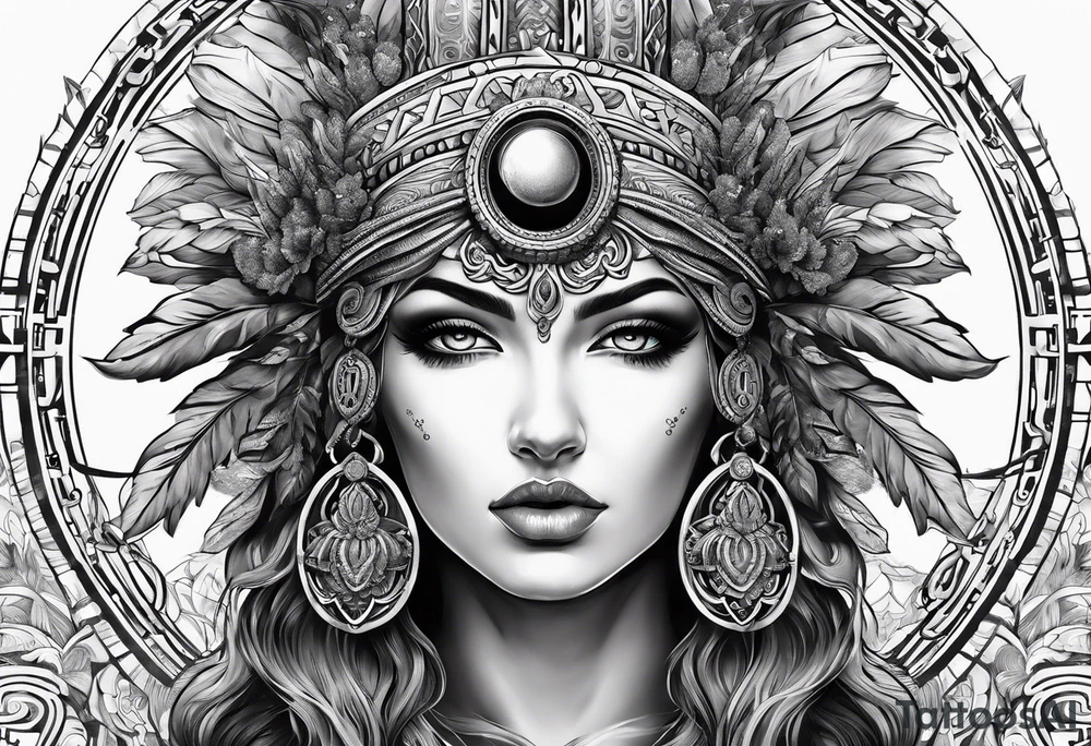 gift of life, woman wearing greek god headdress tattoo idea