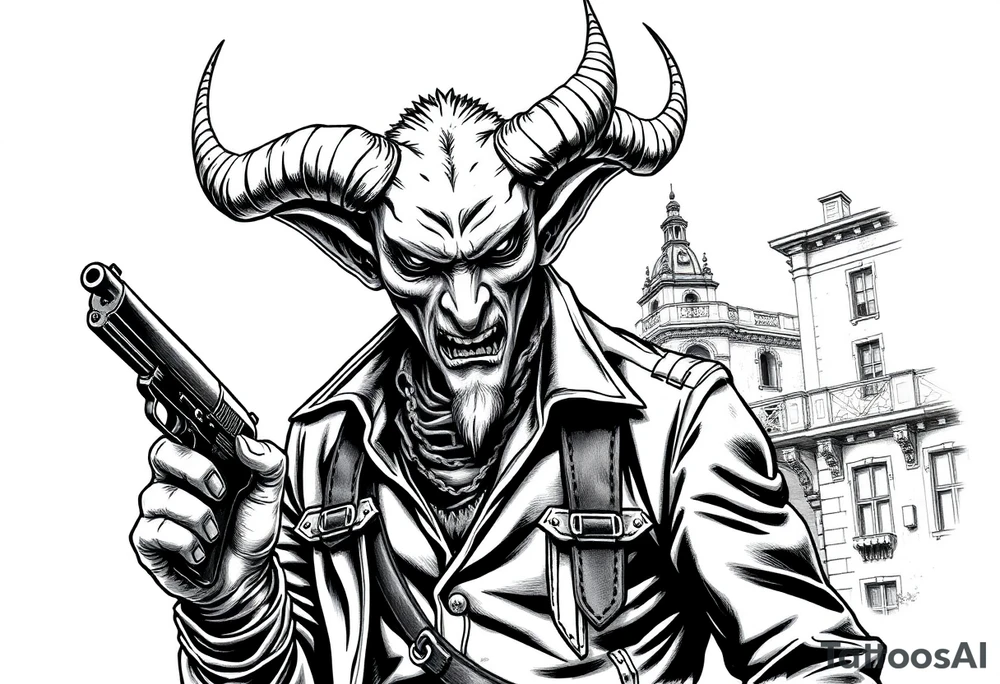 a demon in cowboy-clothing,a gun in a hand,old buildings in the background. tattoo idea