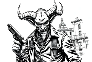 a demon in cowboy-clothing,a gun in a hand,old buildings in the background. tattoo idea