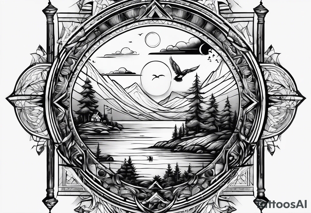 landscape and fishingpole and line with hook tattoo idea